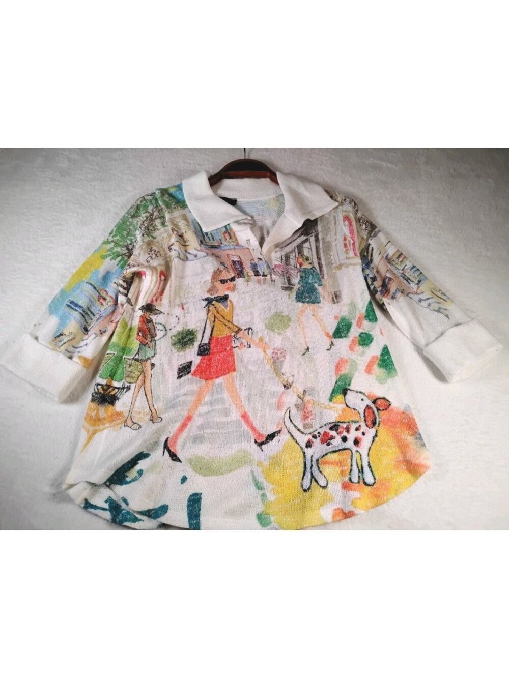 Inoah Sweater Parisian Street Scene Women Walking Dogs Boxy Relaxed Fit Size S